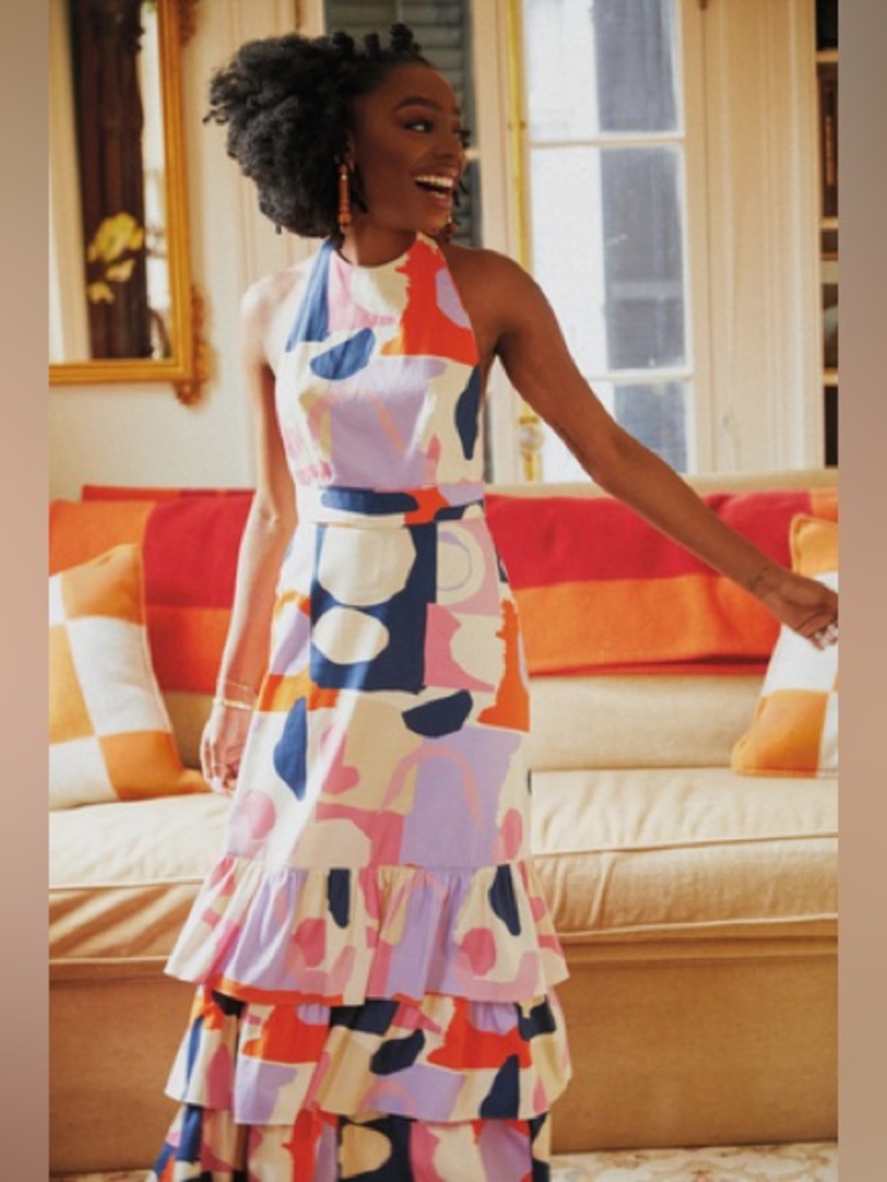 Gianni Bini Abstract Halter Maxi Dress in Pink, Navy & Orange